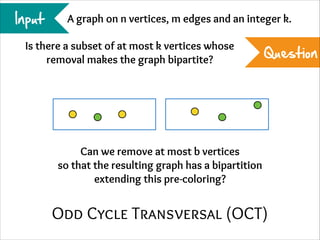 Input

A graph on n vertices, m edges and an integer k.

Is there a subset of at most k vertices whose
removal makes the graph bipartite?

Question

Can we remove at most b vertices
so that the resulting graph has a bipartition
extending this pre-coloring?

Odd Cycle Transversal (OCT)

 