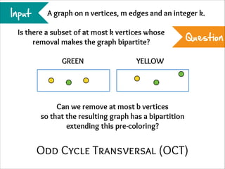 Input

A graph on n vertices, m edges and an integer k.

Is there a subset of at most k vertices whose
removal makes the graph bipartite?
GREEN

Question

YELLOW

Can we remove at most b vertices
so that the resulting graph has a bipartition
extending this pre-coloring?

Odd Cycle Transversal (OCT)

 