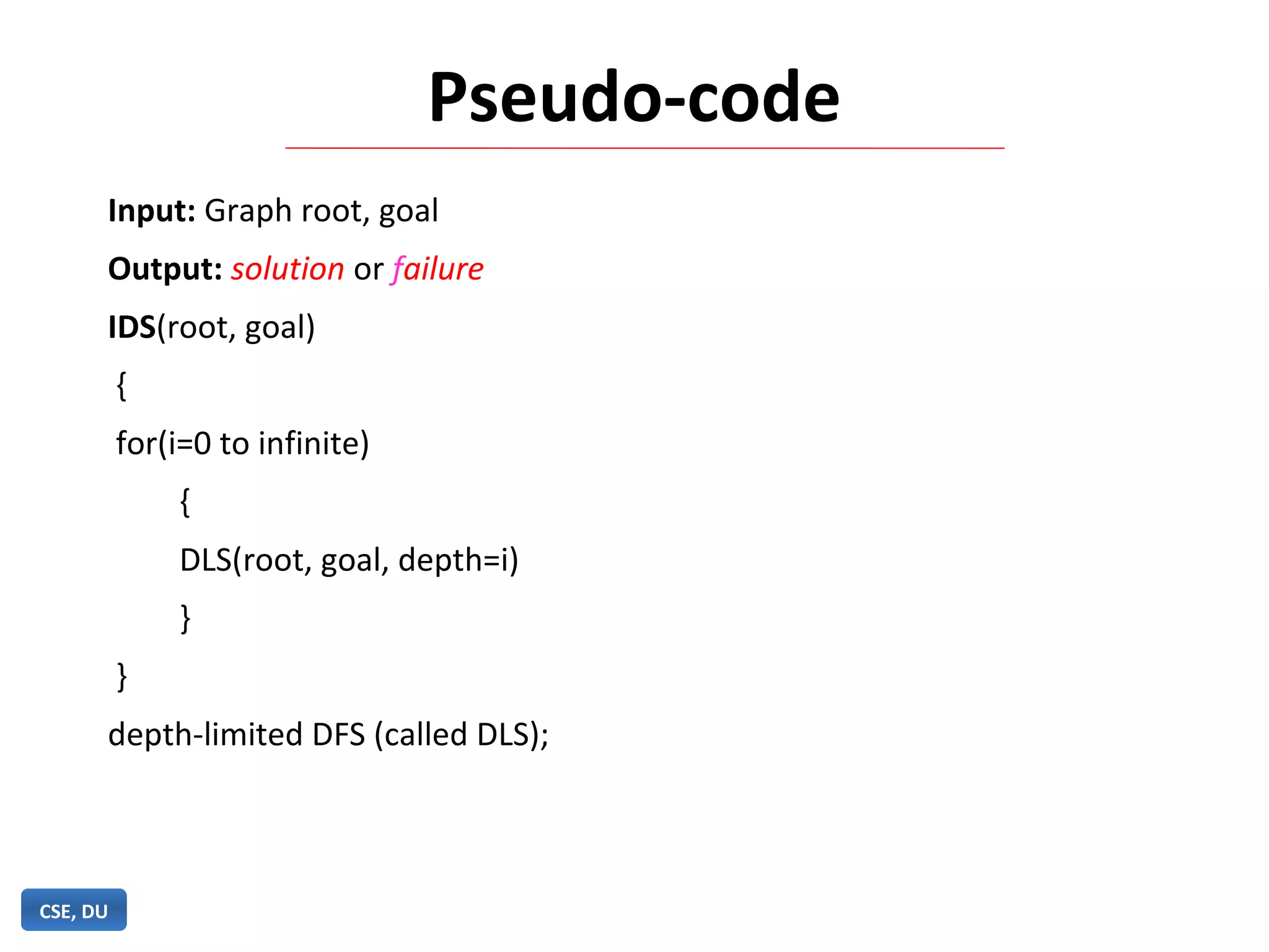 Pseudo-code
CSE, DU
Input: Graph root, goal
Output: solution or failure
IDS(root, goal)
{
for(i=0 to infinite)
{
DLS(root, goal, depth=i)
}
}
depth-limited DFS (called DLS);
 