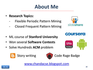 About Me
• Research Topics:
- Flexible Periodic Pattern Mining
- Closed Frequent Pattern Mining
• ML course of Stanford University
• Won several Software Contests
• Solve Hundreds ACM problem
22CSE, DU
Story writing Code Rage Badge
www.chandacse.blogspot.com
 