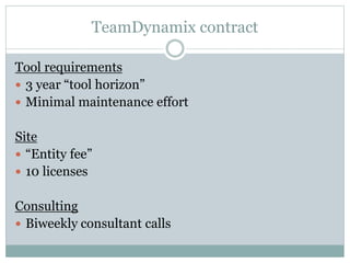 TeamDynamix contract
Tool requirements
 3 year “tool horizon”
 Minimal maintenance effort
Site
 “Entity fee”
 10 licenses
Consulting
 Biweekly consultant calls
 