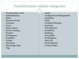 TeamDynamix admin categories
o Overall admin stuff
o Authentication
o Roles
o Resource Pools
o Accounts
o Users
o Client Access
o Service Catalog
o Projects
o Workspaces
o Portfolios
o Tickets
o Questions
o Knowledge Base
o Tags
o Assets
o Configuration Management
o Attributes
o CRM
o Portfolio Planning
o Expenses
o Time Reports
o Workflows
o Desktops
o News/RSS
o Notifications
o Days Off
o Saved Reports
o Custom Pages
 