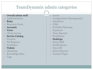 TeamDynamix admin categories
 Overall admin stuff
o Authentication
 Roles
o Resource Pools
 Accounts
 Users
o Client Access
 Service Catalog
o Projects
o Workspaces
o Portfolios
 Tickets
o Questions
o Knowledge Base
o Tags
o Assets
o Configuration Management
o Attributes
o CRM
o Portfolio Planning
o Expenses
o Time Reports
o Workflows
 Desktops
o News/RSS
o Notifications
o Days Off
o Saved Reports
o Custom Pages
 