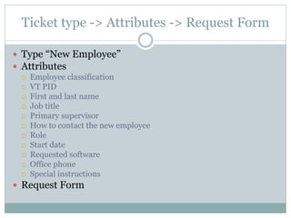Ticket type -> Attributes -> Request Form
 Type “New Employee”
 Attributes
 Employee classification
 VT PID
 First and last name
 Job title
 Primary supervisor
 How to contact the new employee
 Role
 Start date
 Requested software
 Office phone
 Special instructions
 Request Form
 