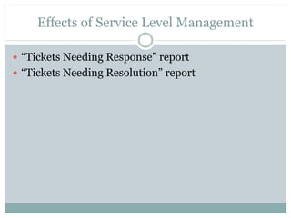 Effects of Service Level Management
 “Tickets Needing Response” report
 “Tickets Needing Resolution” report
 