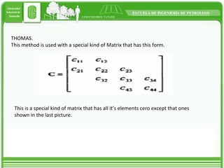 THOMAS. This method is used with a special kind of Matrix that has this form. This is a special kind of matrix that has all it’s elements cero except that ones shown in the last picture.  