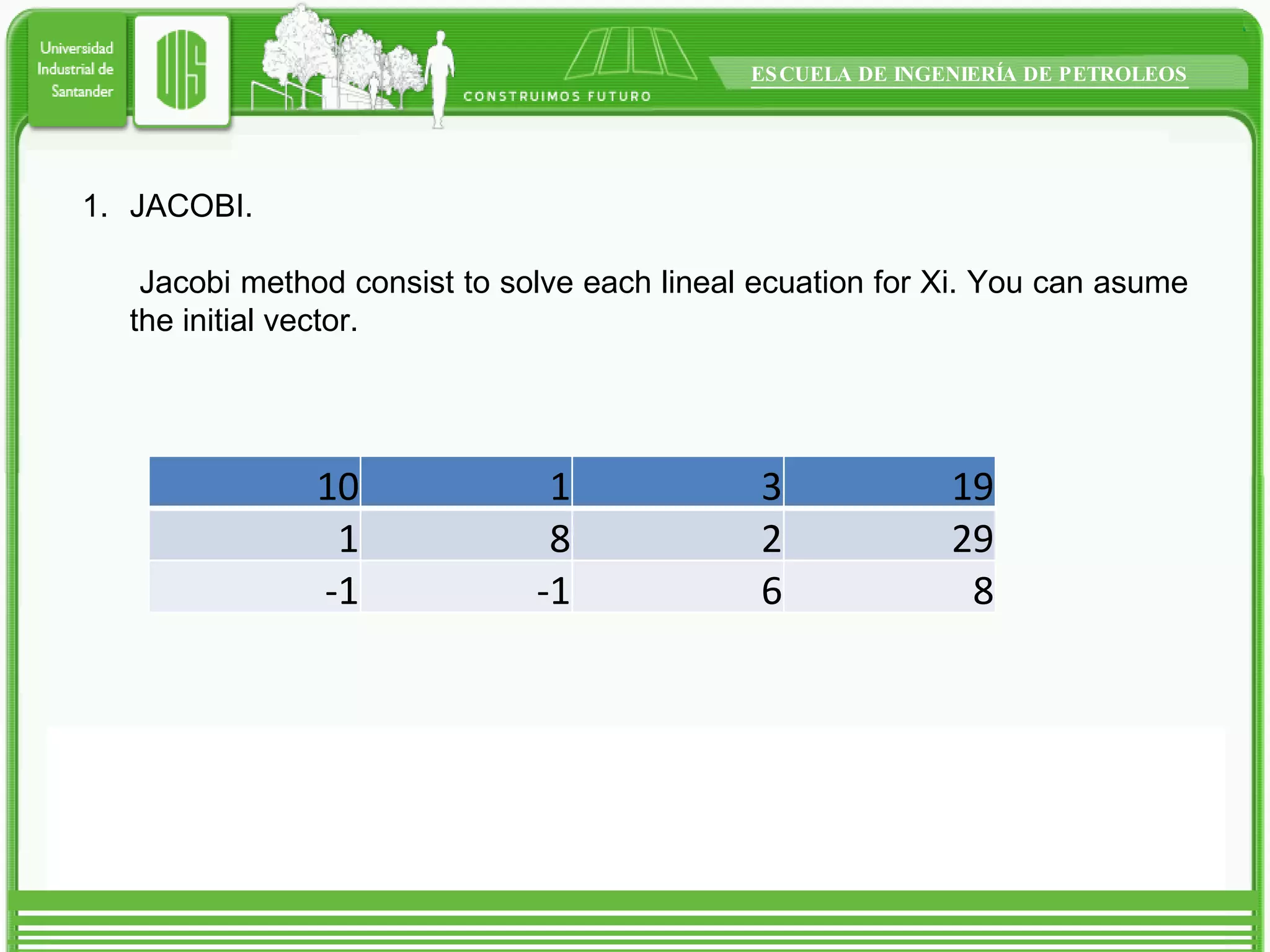 JACOBI. Jacobi method consist to solve each lineal ecuation for Xi. You can asume the initial vector. 10 1 3 19 1 8 2 29 -1 -1 6 8 