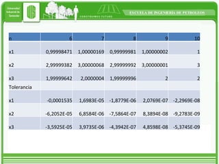 n 6 7 8 9 10 x1 0,99998471 1,00000169 0,99999981 1,00000002 1 x2 2,99999382 3,00000068 2,99999992 3,00000001 3 x3 1,99999642 2,0000004 1,99999996 2 2 Tolerancia           x1 -0,0001535 1,6983E-05 -1,8779E-06 2,0769E-07 -2,2969E-08 x2 -6,2052E-05 6,8584E-06 -7,5864E-07 8,3894E-08 -9,2783E-09 x3 -3,5925E-05 3,9735E-06 -4,3942E-07 4,8598E-08 -5,3745E-09 