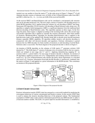 International Journal of Ad hoc, Sensor & Ubiquitous Computing (IJASUC) Vol.5, No.6, December 2014
13
stacked over one another to form the matrix Γch
in the order given in Figure 3. Output Γch
of soft
Alamouti decoder consists of alternate rows of LLRs of bits of Reed-Solomon codes from MU1
and MU2, while last (NN – L1 – L2) rows are LLR of bits received form RN.
At the receiver RSCC and Reed-Solomon code can be considered a concatenated code structure
and can be decoded iteratively [14]. The next stages consists of iterative soft decoding process in
which BCJR algorithm [18] is applied along the columns for soft decoding of RSCC and Jiang-
Narayanan (JN) algorithm [19] for iterative soft decoding of Reed-Solomon codes along rows. JN
algorithm or adaptive belief propagation (ABP) is a significant departure from the traditional hard
decision decoding of Reed-Solomon codes. This algorithm operates in three stages. In the first
stage the parity check matrix is adapted according to the incoming LLR, and in the second stage
sum-product algorithm [20] is applied to calculate the extrinsic information. After finite number
of iterations, Berlekemp-Messy algorithm for decoding Reed-Solomon code is applied to the
hard-decisions made on the updated LLR. Besides being able to decode errors beyond maximum
distance separable (MDS) capability, JN algorithm enables iterative soft decision decoding in
conjunction with other soft decision decoders and equalizers. Extrinsic information is passed
between the two SISO decoders for finite number of iterations or until decoding of all the Reed-
Solomon codes is successful. The block diagram of the proposed decoder is shown in Figure 4.
An iteration of BCJR algorithm on the columns of LLR matrix Γch
generates extrinsic LLR
denoted by Γe
. The LLR matrix Γe
consists of alternate rows of extrinsic LLR for the two sources,
which are isolated at next stage into Γ1
e
and Γ2
e
. Applying deinterleaving mapping Πi
-1
on
extrinsic LLR Γi
e
, a priori LLR Li
a
for next stage of iterative decoder is obtained. An iteration of
JN algorithm is applied on all the rows of Li
a
independently and resulting extrinsic information is
saved as Li
e
. If a row of Reed-Solomon code satisfies the parity check requirement, it is decoded
and saved in Sത௜. Extrinsic information from both the RS decoders is interleaved, combined (into
the matrix in Figure 3) and applied as a priori information to the BCJR decoder. This constitutes
an iteration of the proposed decoder.
Figure 4. Block diagram of the proposed decoder
3. EXIT CHART ANALYSIS
Extrinsic information transfer (EXIT) chart has emerged as a successful method for predicting the
convergence behaviour of various concatenated and iterative systems. In this section, EXIT chart
is used to analyze the iterative decoding behaviour of the proposed scheme. The fundamental
assumption of EXIT chart is that extrinsic information passed from one SISO decoder to other is
a Gaussian random variable. The LLR a of a priori input for uncoded information s is modelled as
ܽ = ߤ௔ ‫ݔ‬ + ݊௔ (3)
 