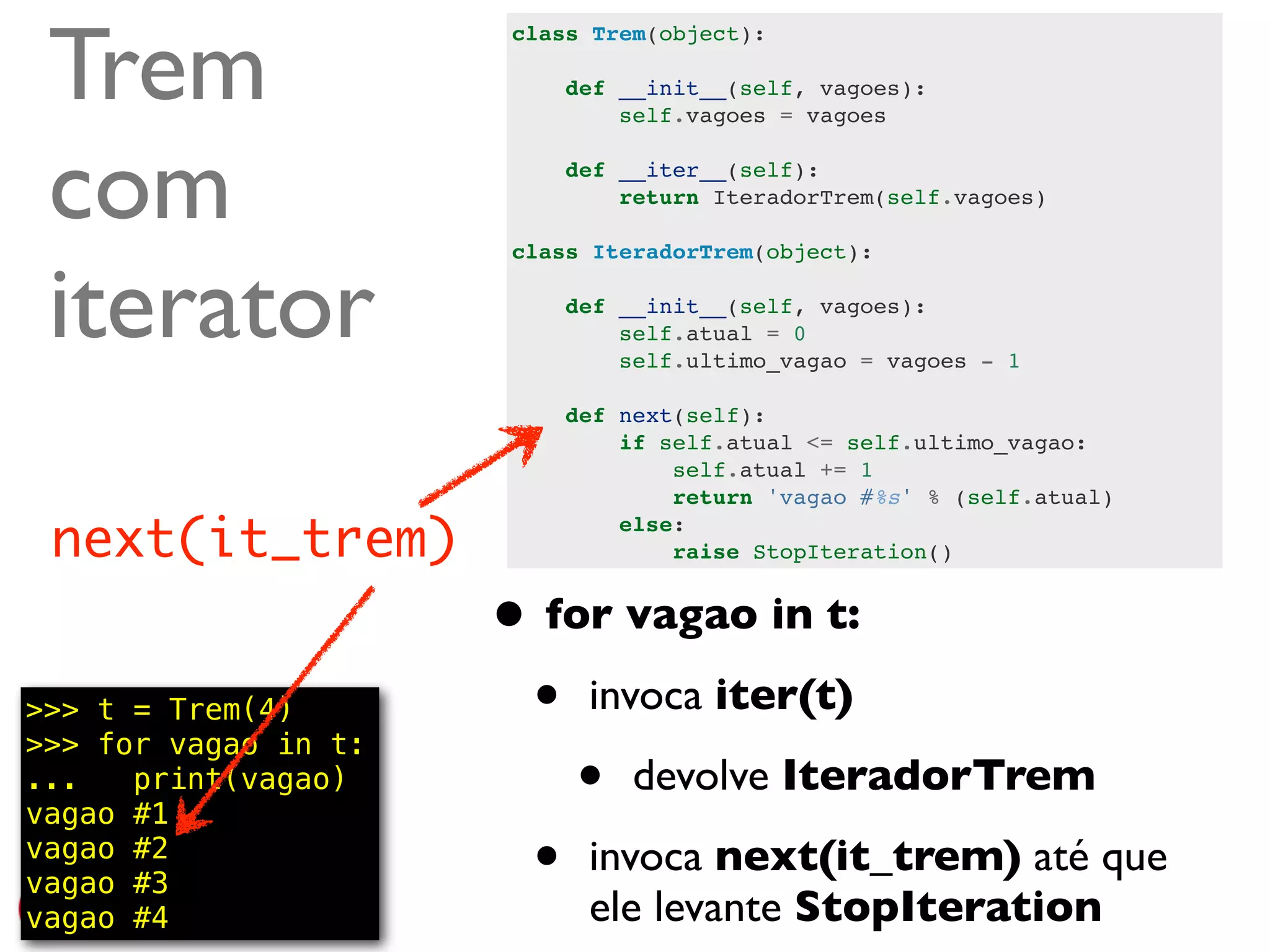Trem
                       class Trem(object):

                           def __init__(self, vagoes):
                               self.vagoes = vagoes



 com                       def __iter__(self):
                               return IteradorTrem(self.vagoes)




 iterator
                       class IteradorTrem(object):

                           def __init__(self, vagoes):
                               self.atual = 0
                               self.ultimo_vagao = vagoes - 1

                           def next(self):
                               if self.atual <= self.ultimo_vagao:
                                   self.atual += 1
                                   return 'vagao #%s' % (self.atual)

 next(it_trem)                 else:
                                   raise StopIteration()


                      • for vagao in t:
>>> t = Trem(4)
>>> for vagao in t:
                       • invoca iter(t)
...   print(vagao)
vagao #1
                          • devolve IteradorTrem
vagao #2
vagao #3               • invoca next(it_trem) até que
vagao #4                    ele levante StopIteration
                                                    @ramalhoorg
 