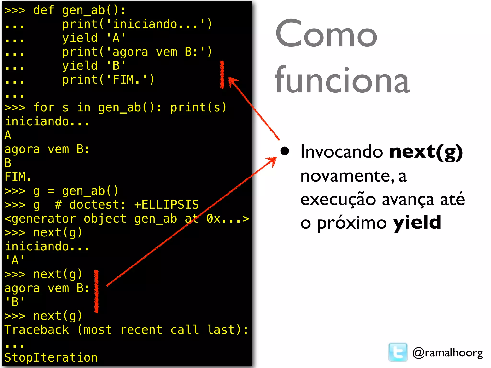 >>> def gen_ab():
...
...
...
        print('iniciando...')
        yield 'A'
        print('agora vem B:')
                                     Como
                                     funciona
...     yield 'B'
...     print('FIM.')
...
>>> for s in gen_ab(): print(s)
iniciando...
A
agora vem B:
B                                    • Invocando next(g)
FIM.                                   novamente, a
>>> g = gen_ab()
>>> g # doctest: +ELLIPSIS             execução avança até
<generator object gen_ab at 0x...>
>>> next(g)
                                       o próximo yield
iniciando...
'A'
>>> next(g)
agora vem B:
'B'
>>> next(g)
Traceback (most recent call last):
...
StopIteration                                      @ramalhoorg
 