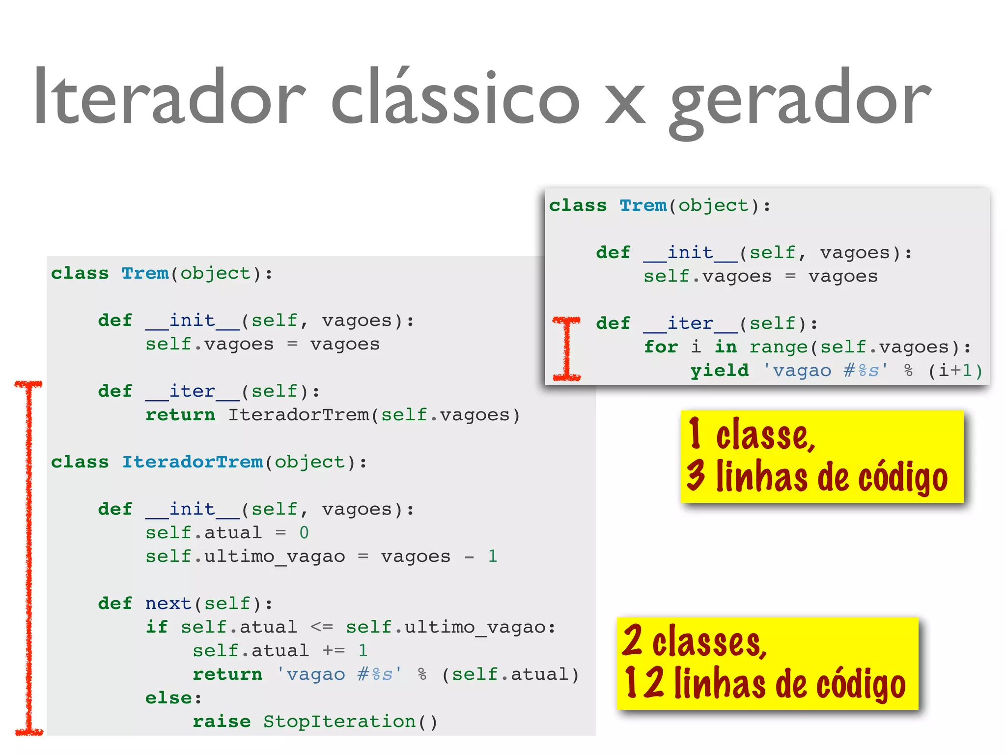 Iterador clássico x gerador
                                           class Trem(object):

                                                def __init__(self, vagoes):
class Trem(object):                                 self.vagoes = vagoes

    def __init__(self, vagoes):                 def __iter__(self):
        self.vagoes = vagoes                        for i in range(self.vagoes):
                                                        yield 'vagao #%s' % (i+1)
    def __iter__(self):
        return IteradorTrem(self.vagoes)
                                                       1 classe,
class IteradorTrem(object):
                                                       3 linhas de código
    def __init__(self, vagoes):
        self.atual = 0
        self.ultimo_vagao = vagoes - 1

    def next(self):
        if self.atual <= self.ultimo_vagao:
            self.atual += 1                       2 classes,
            return 'vagao #%s' % (self.atual)
        else:                                     12 linhas de código
            raise StopIteration()
 