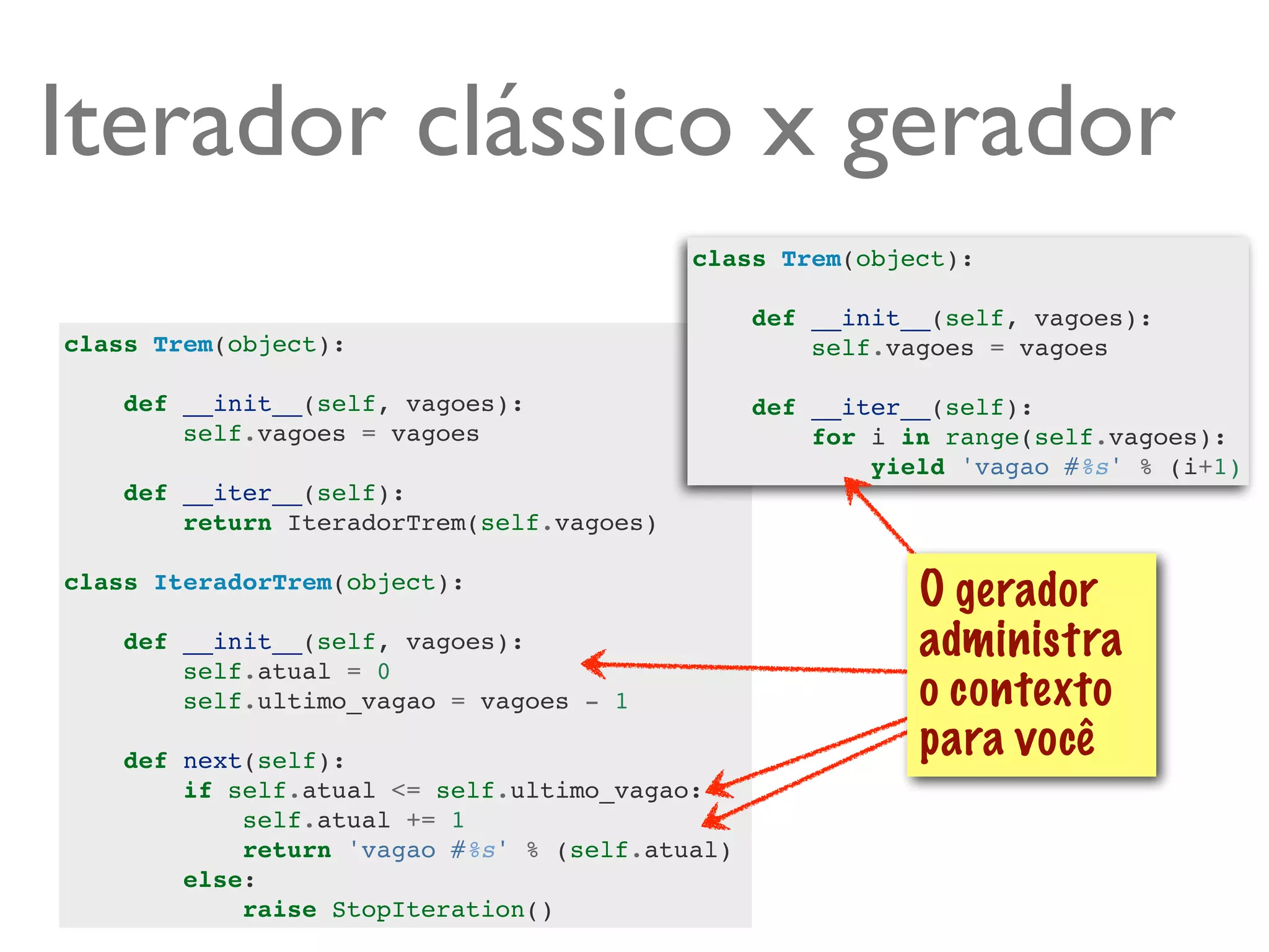 Iterador clássico x gerador
                                           class Trem(object):

                                                def __init__(self, vagoes):
class Trem(object):                                 self.vagoes = vagoes

    def __init__(self, vagoes):                 def __iter__(self):
        self.vagoes = vagoes                        for i in range(self.vagoes):
                                                        yield 'vagao #%s' % (i+1)
    def __iter__(self):
        return IteradorTrem(self.vagoes)

class IteradorTrem(object):
                                                           O gerador
    def __init__(self, vagoes):                            administra
        self.atual = 0
        self.ultimo_vagao = vagoes - 1                     o contexto
    def next(self):
                                                           para você
        if self.atual <= self.ultimo_vagao:
            self.atual += 1
            return 'vagao #%s' % (self.atual)
        else:
            raise StopIteration()
 