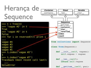 Herança de
 Sequence
>>> t = Trem(4)
>>> 'vagao #2' in t
True
>>> 'vagao #5' in t
False
>>> for i in reversed(t): print i
...
vagao #4                             from collections import Sequence
vagao #3
vagao #2                             class Trem(Sequence):
vagao #1
>>> t.index('vagao #2')                  def __init__(self, vagoes):
1                                            self.vagoes = vagoes
>>> t.index('vagao #7')
Traceback (most recent call last):       def __len__(self):
                                             return self.vagoes
  ...
ValueError                                               @ramalhoorg
                                         def __getitem__(self, pos):
 