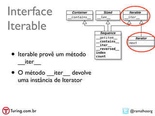 Interface
Iterable

• Iterable provê um método
  __iter__
• O método __iter__ devolve
  uma instância de Iterator



                              @ramalhoorg
 