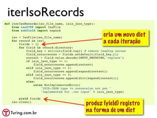 iterIsoRecords
                        cria um novo dict
                        a cada iteração




                 produz (yield) registro
                 na forma de um dict @ramalhoorg
 