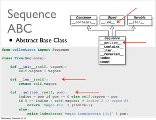 Sequence
      ABC
        • Abstract Base Class
from collections import Sequence

class Trem(Sequence):

         def __init__(self, vagoes):
             self.vagoes = vagoes

         def __len__(self):
             return self.vagoes

         def __getitem__(self, pos):
             indice = pos if pos >= 0 else self.vagoes + pos
             if 0 <= indice < self.vagoes: # indice 2 -> vagao #3
                 return 'vagao #%s' % (indice+1)
             else:
                 raise IndexError('vagao inexistente [%s]' % pos) @ramalhoorg
Wednesday, December 12, 12
 