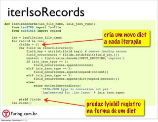 iterIsoRecords
                                    cria um novo dict
                                    a cada iteração




                             produz (yield) registro
                             na forma de um dict @ramalhoorg
Wednesday, December 12, 12
 