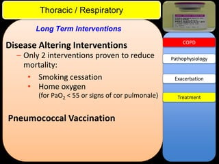 ITE Review

Thoracic / Respiratory
Long Term Interventions

Disease Altering Interventions
– Only 2 interventions proven to reduce
mortality:
• Smoking cessation
• Home oxygen
(for PaO2 < 55 or signs of cor pulmonale)

Pneumococcal Vaccination

COPD

Pathophysiology

Exacerbation

Treatment

 