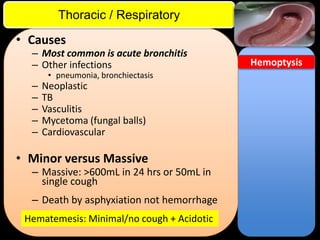 ITE Review

Thoracic / Respiratory

• Causes

– Most common is acute bronchitis
– Other infections
–
–
–
–
–

• pneumonia, bronchiectasis

Neoplastic
TB
Vasculitis
Mycetoma (fungal balls)
Cardiovascular

• Minor versus Massive

– Massive: >600mL in 24 hrs or 50mL in
single cough
– Death by asphyxiation not hemorrhage

Hematemesis: Minimal/no cough + Acidotic

Hemoptysis

 