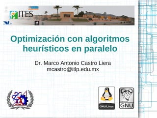 Optimización con algoritmos
heurísticos en paralelo
Dr. Marco Antonio Castro Liera
mcastro@itlp.edu.mx

 