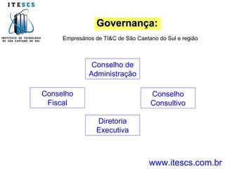 Conselho de Administração Conselho Fiscal Conselho Consultivo Diretoria Executiva www.itescs.com.br Governança: Empresários de TI&C de São Caetano do Sul e região 