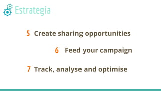 Create sharing opportunities
Track, analyse and optimise
Feed your campaign
5
7
6
Estrategia
 