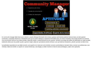 Community Manager
$9,000 - $12,000
al mes
• Experiencia de marca
• Canales de comunicación
• Análisis de desempeño
APTITUDES
Experto de la marca
- mercado meta
Conocimiento de:
- tendencias
- marketing, publicidad y comunicación
Capacidades Analíticas
Un community manager debe hacer que el cliente o usuario obtenga información de la marca y generar sentimientos positivos hacia la marca, es decir generar
contenidos y campañas atractivos e interesantes para que el usuario obtenga un experiencia favorable hacia una marca o empresa. Se encarga también de mantener
una comunicación activa en sus redes sociales, responder dudas y cuestionamientos de los usuarios. También se encarga del análisis de desempeño en redes sociales,
analizando datos que nos pueden ayudar a generar insight, saber por qué estamos siendo exitosos o por qué estamos fracasando y decidir qué plan se debe tomar. 

Las aptitudes requeridas son que debe conocer y ser experto en la marca así como también conocer a profundidad al mercado meta y conocer sus preferencias y sus
intereses. Debe ser también un experto en nuevas tendencias y tecnologías, se debe mantener al día de nuevas estrategias y saber cómo aplicarlas.
 