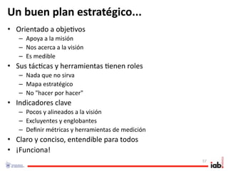 Un buen plan estratégico...
• Orientado a obje1vos
   – Apoya a la misión
   – Nos acerca a la visión
   – Es medible
• Sus tác1cas y herramientas 1enen roles
   – Nada que no sirva
   – Mapa estratégico
   – No "hacer por hacer"
• Indicadores clave
   – Pocos y alineados a la visión
   – Excluyentes y englobantes
   – Deﬁnir métricas y herramientas de medición
• Claro y conciso, entendible para todos
• ¡Funciona!
                                                  57
 