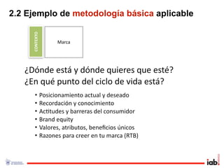 2.2 Ejemplo de metodología básica aplicable

     CONTEXTO
                      Marca




   ¿Dónde está y dónde quieres que esté?
   ¿En qué punto del ciclo de vida está?
       •        Posicionamiento actual y deseado
       •        Recordación y conocimiento
       •        Ac1tudes y barreras del consumidor
       •        Brand equity
       •        Valores, atributos, beneﬁcios únicos
       •        Razones para creer en tu marca (RTB)
 
