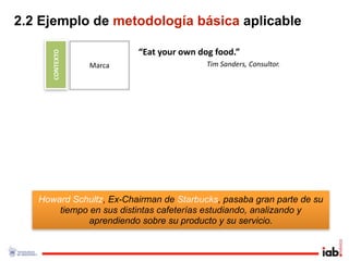 2.2 Ejemplo de metodología básica aplicable

      CONTEXTO           “Eat your own dog food.”
                 Marca                   Tim Sanders, Consultor.




   Howard Schultz, Ex-Chairman de Starbucks, pasaba gran parte de su
       tiempo en sus distintas cafeterías estudiando, analizando y
              aprendiendo sobre su producto y su servicio.
 