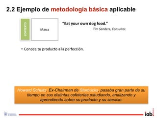 2.2 Ejemplo de metodología básica aplicable

      CONTEXTO              “Eat your own dog food.”
                 Marca                      Tim Sanders, Consultor.




    • Conoce tu producto a la perfección.




   Howard Schultz, Ex-Chairman de Starbucks, pasaba gran parte de su
       tiempo en sus distintas cafeterías estudiando, analizando y
              aprendiendo sobre su producto y su servicio.
 
