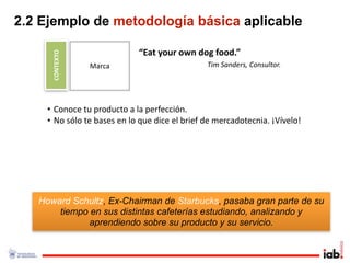 2.2 Ejemplo de metodología básica aplicable

      CONTEXTO              “Eat your own dog food.”
                 Marca                      Tim Sanders, Consultor.




    • Conoce tu producto a la perfección.
    • No sólo te bases en lo que dice el brief de mercadotecnia. ¡Vívelo!




   Howard Schultz, Ex-Chairman de Starbucks, pasaba gran parte de su
       tiempo en sus distintas cafeterías estudiando, analizando y
              aprendiendo sobre su producto y su servicio.
 