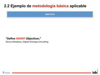 2.2 Ejemplo de metodología básica aplicable
                                      OBJETIVOS




“Deﬁne SMART Objec/ves.”
Danny Meadows, Digital Strategy Consul<ng.
 