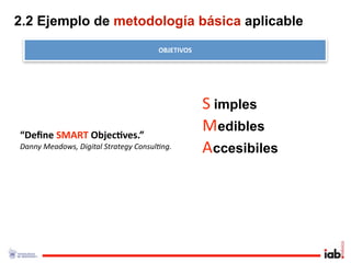 2.2 Ejemplo de metodología básica aplicable
                                      OBJETIVOS




                                                  S imples . 




“Deﬁne SMART Objec/ves.”
                                                  Medibles
                                                                . 




Danny Meadows, Digital Strategy Consul<ng.        Accesibiles
                                                                     . 
 