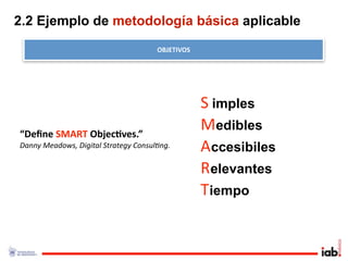 2.2 Ejemplo de metodología básica aplicable
                                      OBJETIVOS




                                                  S imples              . 




“Deﬁne SMART Objec/ves.”
                                                  Medibles                   . 




Danny Meadows, Digital Strategy Consul<ng.        Accesibiles
                                                                                       . 




                                                  Relevantes
                                                                                  . 




                                                  Tiempo
                                                                   . 
 