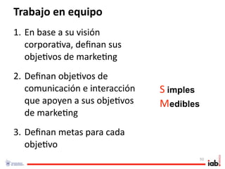 Trabajo en equipo
1. En base a su visión 
   corpora1va, deﬁnan sus 
   obje1vos de marke1ng
2. Deﬁnan obje1vos de 
   comunicación e interacción    S imples
                                        . 




   que apoyen a sus obje1vos     Medibles
                                             . 




   de marke1ng
3. Deﬁnan metas para cada 
   obje1vo
                                             50
 