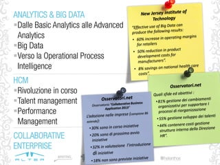 ANALYTICS & BIG DATA
Dalle Basic Analytics alle Advanced
Analytics
Big Data
Verso la Operational Process
Intelligence
HCM
Rivoluzione in corso
Talent management
Performance
Management
COLLABORATIVE
ENTERPRISE
 