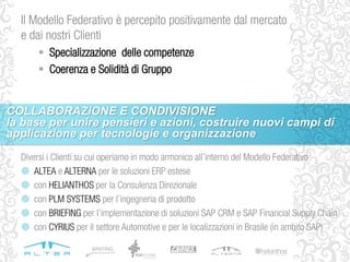 Il Modello Federativo è percepito positivamente dal mercato
e dai nostri Clienti
 Specializzazione delle competenze
 Coerenza e Solidità di Gruppo
COLLABORAZIONE E CONDIVISIONE
la base per unire pensieri e azioni, costruire nuovi campi di
applicazione per tecnologie e organizzazione
Diversi i Clienti su cui operiamo in modo armonico all’interno del Modello Federativo
 ALTEA e ALTERNA per le soluzioni ERP estese
 con HELIANTHOS per la Consulenza Direzionale
 con PLM SYSTEMS per l’ingegneria di prodotto
 con BRIEFING per l’implementazione di soluzioni SAP CRM e SAP Financial Supply Chain
 con CYRIUS per il settore Automotive e per le localizzazioni in Brasile (in ambito SAP)
 