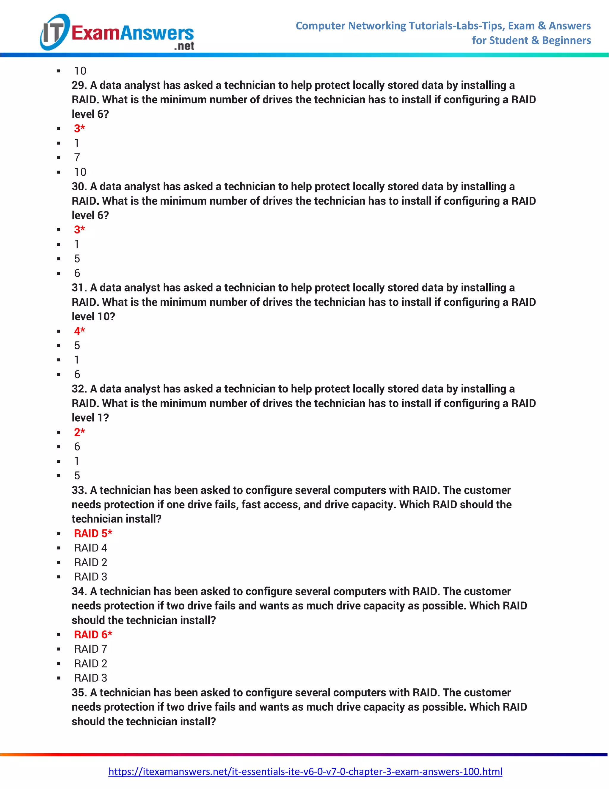 Computer Networking Tutorials-Labs-Tips, Exam & Answers
for Student & Beginners
https://itexamanswers.net/it-essentials-ite-v6-0-v7-0-chapter-3-exam-answers-100.html
 10
29. A data analyst has asked a technician to help protect locally stored data by installing a
RAID. What is the minimum number of drives the technician has to install if configuring a RAID
level 6?
 3*
 1
 7
 10
30. A data analyst has asked a technician to help protect locally stored data by installing a
RAID. What is the minimum number of drives the technician has to install if configuring a RAID
level 6?
 3*
 1
 5
 6
31. A data analyst has asked a technician to help protect locally stored data by installing a
RAID. What is the minimum number of drives the technician has to install if configuring a RAID
level 10?
 4*
 5
 1
 6
32. A data analyst has asked a technician to help protect locally stored data by installing a
RAID. What is the minimum number of drives the technician has to install if configuring a RAID
level 1?
 2*
 6
 1
 5
33. A technician has been asked to configure several computers with RAID. The customer
needs protection if one drive fails, fast access, and drive capacity. Which RAID should the
technician install?
 RAID 5*
 RAID 4
 RAID 2
 RAID 3
34. A technician has been asked to configure several computers with RAID. The customer
needs protection if two drive fails and wants as much drive capacity as possible. Which RAID
should the technician install?
 RAID 6*
 RAID 7
 RAID 2
 RAID 3
35. A technician has been asked to configure several computers with RAID. The customer
needs protection if two drive fails and wants as much drive capacity as possible. Which RAID
should the technician install?
 