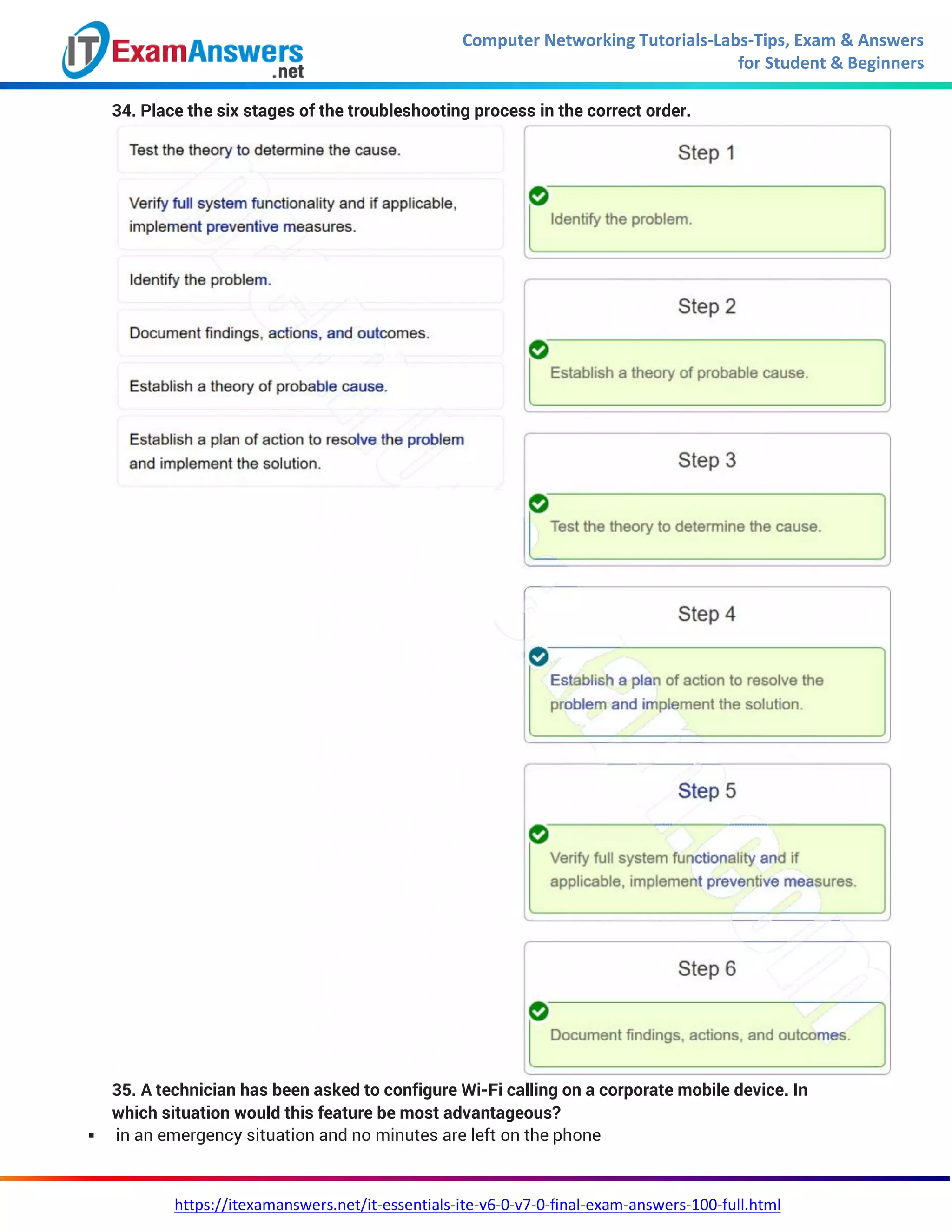 Computer Networking Tutorials-Labs-Tips, Exam & Answers
for Student & Beginners
https://itexamanswers.net/it-essentials-ite-v6-0-v7-0-final-exam-answers-100-full.html
34. Place the six stages of the troubleshooting process in the correct order.
35. A technician has been asked to configure Wi-Fi calling on a corporate mobile device. In
which situation would this feature be most advantageous?
 in an emergency situation and no minutes are left on the phone
 