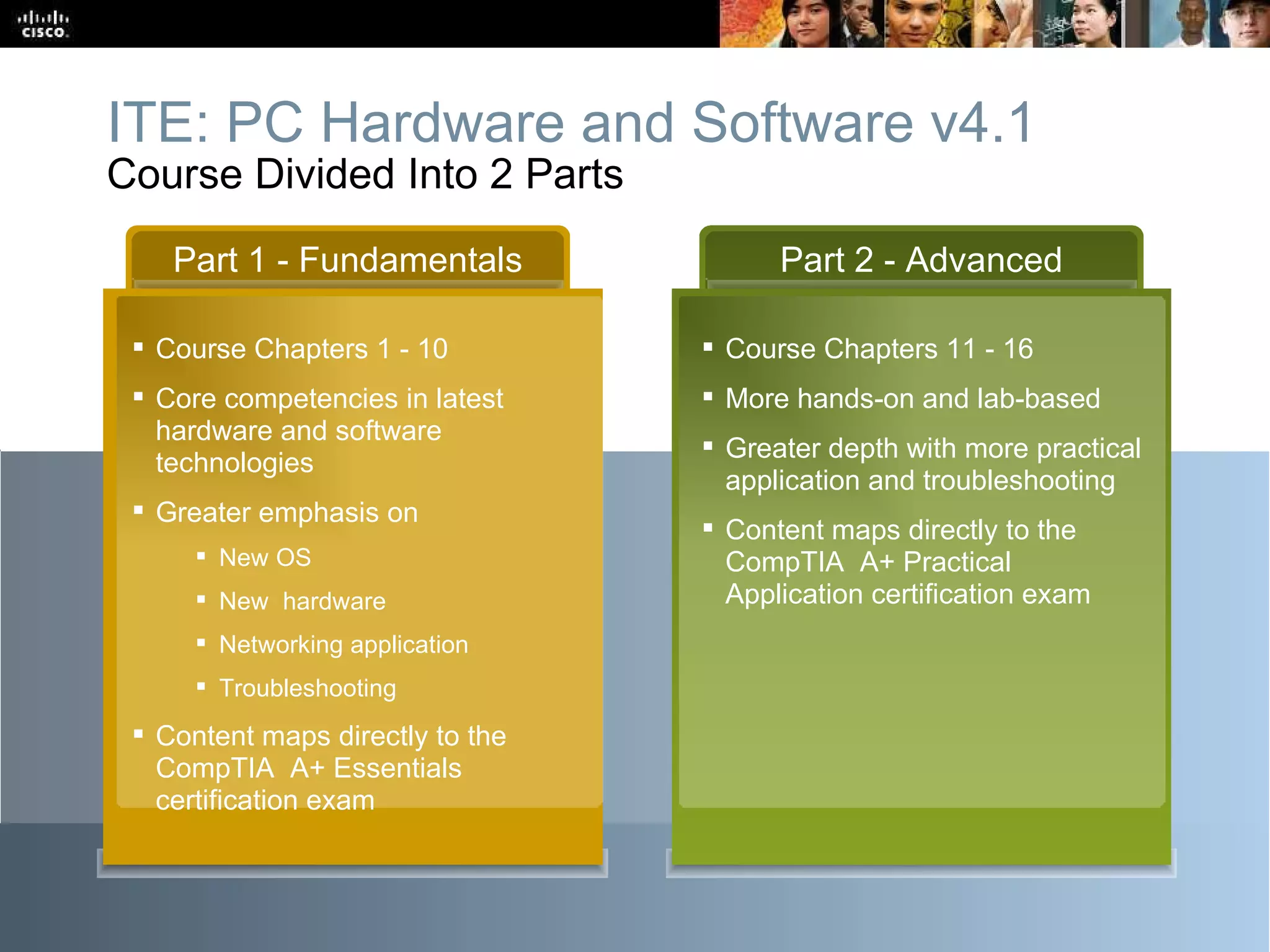 Part 1 - Fundamentals Course Chapters 1 - 10 Core competencies in latest hardware and software technologies Greater emphasis on  New OS New  hardware Networking application Troubleshooting Content maps directly to the CompTIA  A+ Essentials certification exam  Part 2 - Advanced Course Chapters 11 - 16 More hands-on and lab-based Greater depth with more practical application and troubleshooting Content maps directly to the CompTIA  A+ Practical Application certification exam ITE: PC Hardware and Software v4.1 Course Divided Into 2 Parts  