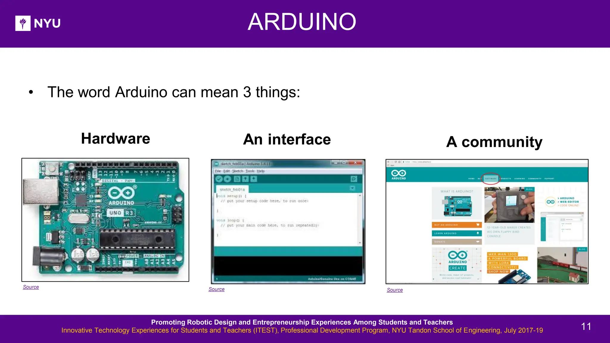 ARDUINO Source Source Source Promoting Robotic Design and Entrepreneurship Experiences Among Students and Teachers Innovative Technology Experiences for Students and Teachers (ITEST), Professional Development Program, NYU Tandon School of Engineering, July 2017-19 • The word Arduino can mean 3 things: An interface A community Hardware 11 