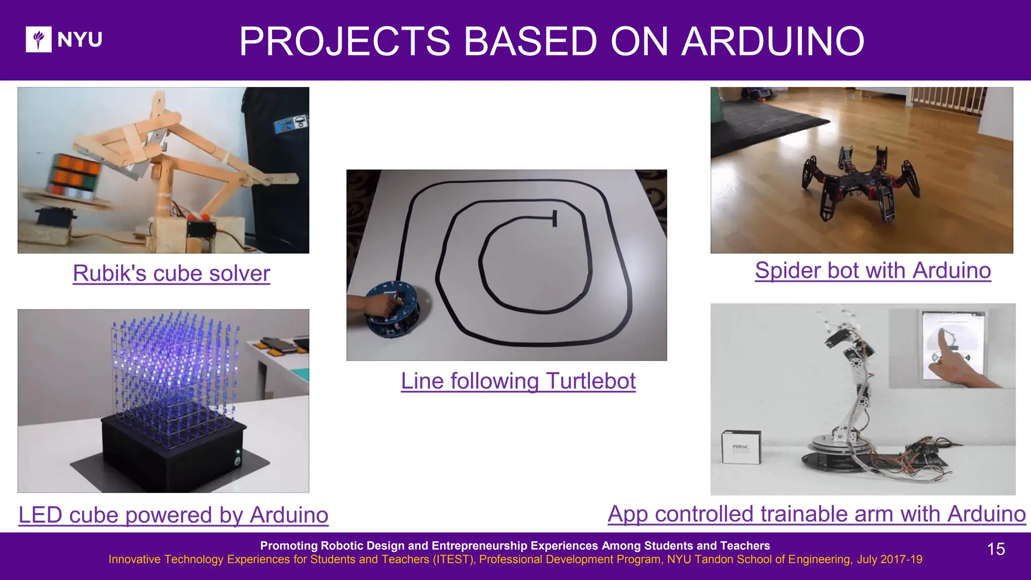 PROJECTS BASED ON ARDUINO Rubik's cube solver LED cube powered by Arduino Line following Turtlebot Spider bot with Arduino App controlled trainable arm with Arduino Promoting Robotic Design and Entrepreneurship Experiences Among Students and Teachers Innovative Technology Experiences for Students and Teachers (ITEST), Professional Development Program, NYU Tandon School of Engineering, July 2017-19 15 
