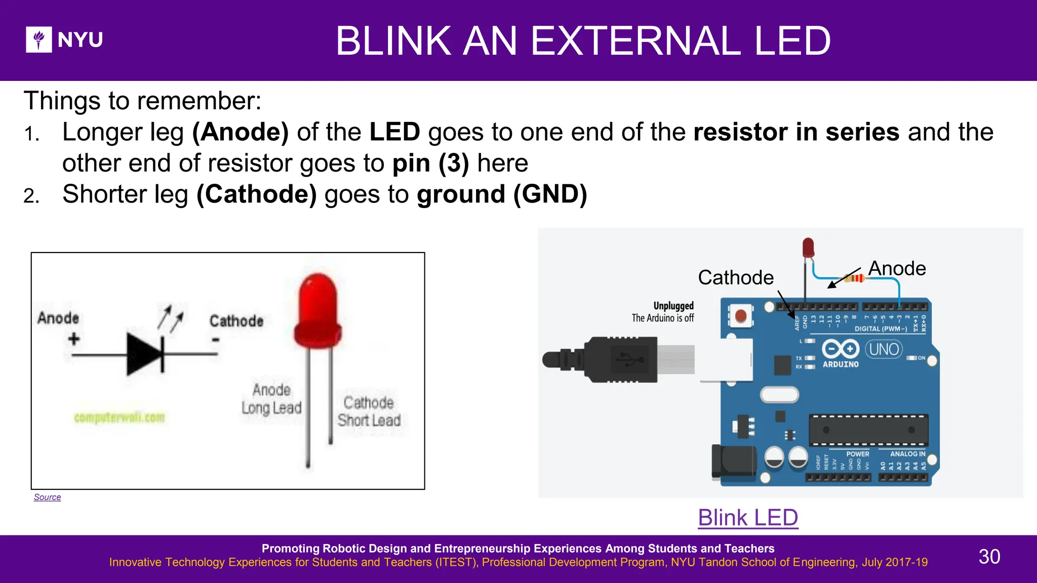 BLINK AN EXTERNAL LED Things to remember: 1. Longer leg (Anode) of the LED goes to one end of the resistor in series and the other end of resistor goes to pin (3) here 2. Shorter leg (Cathode) goes to ground (GND) Blink LED Source Promoting Robotic Design and Entrepreneurship Experiences Among Students and Teachers Innovative Technology Experiences for Students and Teachers (ITEST), Professional Development Program, NYU Tandon School of Engineering, July 2017-19 Cathode Anode 30 
