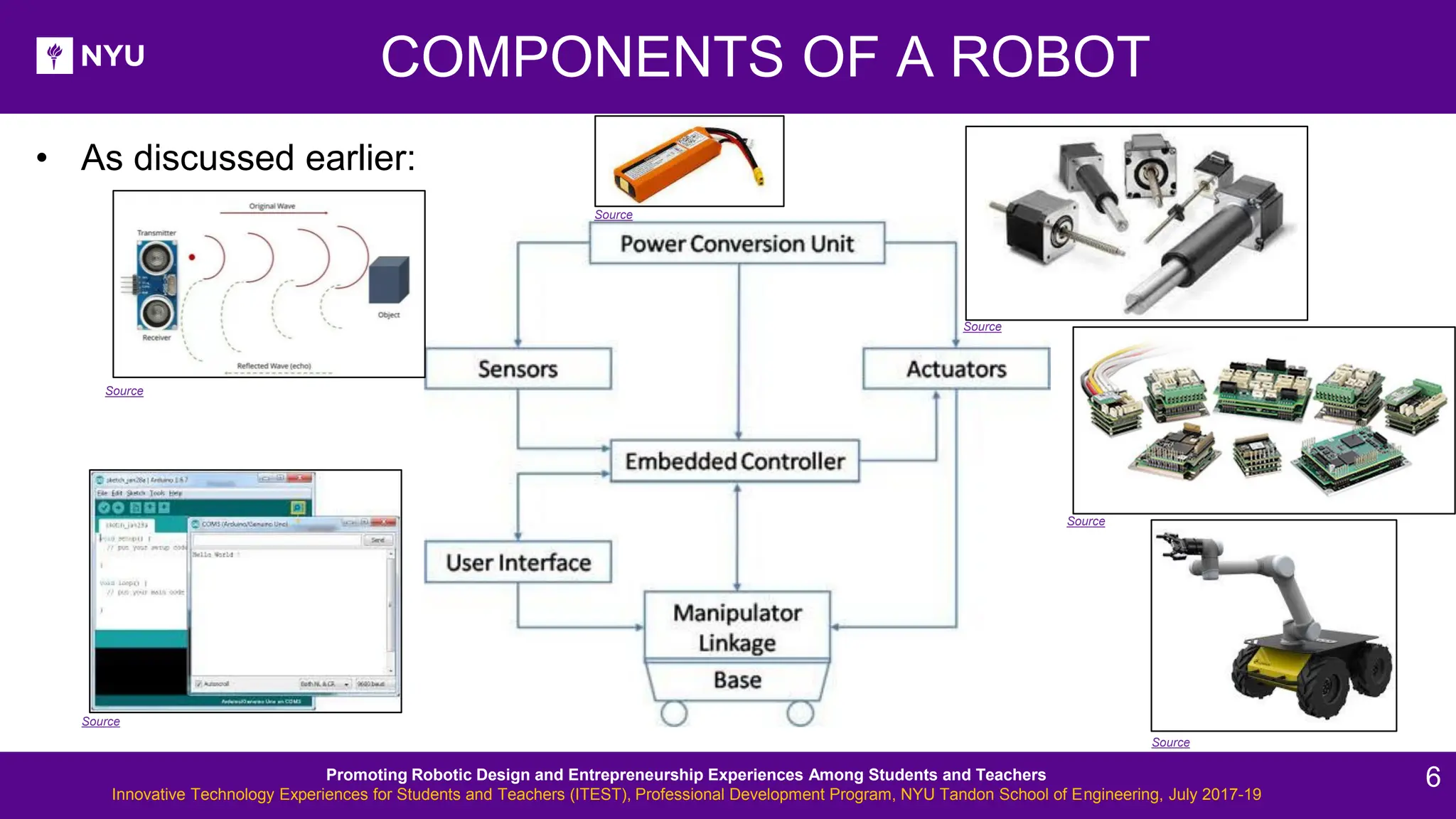 COMPONENTS OF A ROBOT • As discussed earlier: Source Source Source Source Source Source Promoting Robotic Design and Entrepreneurship Experiences Among Students and Teachers Innovative Technology Experiences for Students and Teachers (ITEST), Professional Development Program, NYU Tandon School of Engineering, July 2017-19 6 