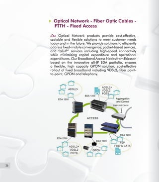 36
Optical Network - Fiber Optic Cables -
FTTH - Fixed Access
Optical Network products provide cost-effective,
scalable and flexible solutions to meet customer needs
today and in the future. We provide solutions to efficiently
address fixed-mobile convergence, packet-based services,
and “all-IP” services including high-speed connectivity
while minimizing capital expenditure and operational
expenditures. Our Broadband Access Nodes from Ericsson
based on the innovative all-IP EDA portfolio, ensures
a flexible, high capacity GPON solution, cost-effective
rollout of fixed broadband including VDSL2, fiber point-
to-point, GPON and telephony.
 