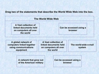 Drag two of the statements that describe the World Wide Web into the box. The World Wide Web A Vast collection of linked documents held on computers all over the world A global network of computers linked together using communications equipment A Vast collection of linked documents held on computers all over the world Can be accessed using a browser The world-wide e-mail system A network that grew out of the American military Can be accessed using a browser 