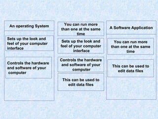An operating System You can run more than one at the same time Sets up the look and feel of your computer interface  Controls the hardware and software of your computer  This can be used to edit data files You can run more than one at the same time This can be used to edit data files Sets up the look and feel of your computer interface  Controls the hardware and software of your computer  A Software Application 