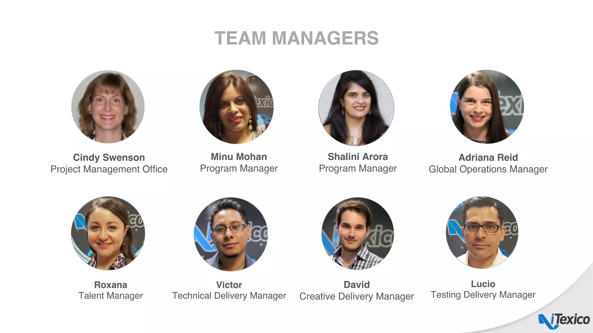 Cindy Swenson
Project Management Ofﬁce
Adriana Reid
Global Operations Manager
Minu Mohan
Program Manager
Victor
Technical Delivery Manager
David
Creative Delivery Manager
Lucio
Testing Delivery Manager
Shalini Arora
Program Manager
Roxana
Talent Manager
TEAM MANAGERS
 